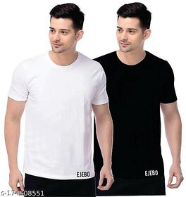 Poly Blend Black Short Sleeves Solid Tshirts (Pack Of 2)
