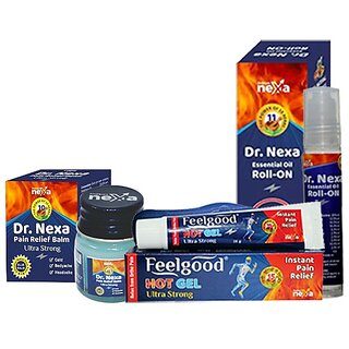 (Combo of 3) Dr Nexa, Pain Relief Balm 10gm, Essential Oil Roll-On 10ml With Hot gel Ultra Strong Instant Pain Relief 30gm