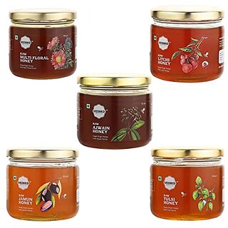 Vediko Tulsi Ajwain Jamun Multi Floral Litchi Honey Combo Pack  100 Pure and Natural Farm Fresh Single Origin Unprocessed Original Honey  Pack of 5 (350 GM x 5)