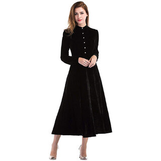 Vivient Women Black Buttoned Velvet Dress