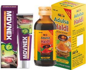 (Combo of 2) Indkus Nex Adulsa Haldi Cough Syrup 100ml, Nexa Movnex Pain Relief Cream 10gm