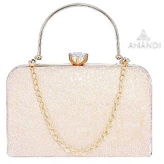 ANANDI Womens Golden Box Clutch Bag, Ladies Handbag, Sling Bag, Woman Wallet or Purse Gold Shimmer Bridal Clutch