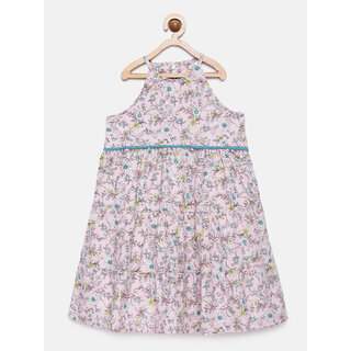 Girls Pink Printed Empire Tiered Dress