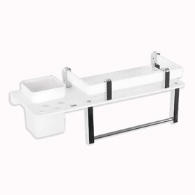 Sarvatr Acrylic 4 in 1 Multipurpose Bathroom Shelf/Rack/Towel Hanger/Tumbler Holder Acrylic Wall Shelf
