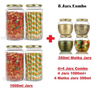 4+4 Combo Glass Jar with Air Tight -Lid Four 1000ml Jars+ Four 350ml Matka Jars for Kitchen Storage Pack of 4+4(8)