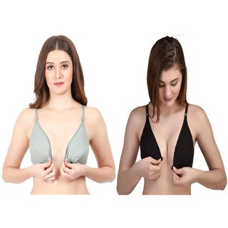 Zourt Poly Cotton B Cup Front Open Bra Set of 2 Light Green Black