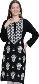 Numak Women Chikan Embroidery Straight Kurta (Black)