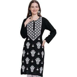 Numak Women Chikan Embroidery Straight Kurta (Black)