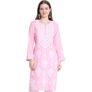 Numak Women Chikan Embroidery Straight Kurta (Pink, White)