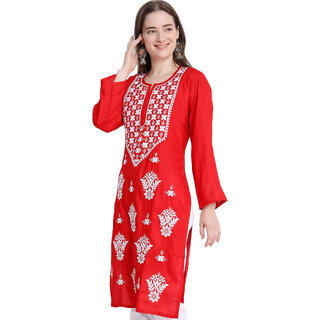 Numak Women Chikan Embroidery Straight Kurta (Red, White)