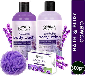 Globus Naturals Lavender Body Lotion 200ml, Soap 100 gm & Body Wash 200ml skin care Combo with Loofah