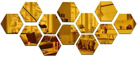 Grahak Trend - 13 Hexagon Golden 3D Acrylic Mirror Wall Stickers