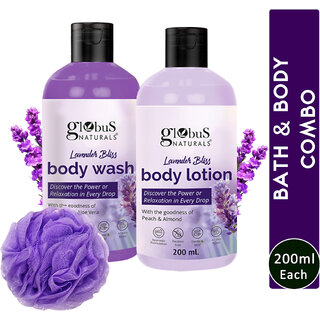 Globus Naturals Lavender Body Lotion 200ml & Body Wash 200ml skin care Combo with Loofah