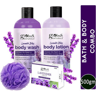 Globus Naturals Lavender Body Lotion 200ml, Soap 100 gm & Body Wash 200ml skin care Combo with Loofah