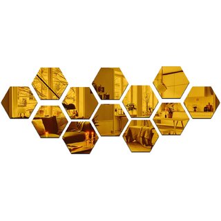 Grahak Trend - 13 Hexagon Golden 3D Acrylic Mirror Wall Stickers