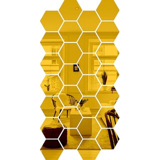 Grahak Trend - 28 Hexagon Golden - 3D Acrylic Decorative Mirror Wall Stickers