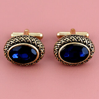 Lucky Jewellery Unique Blue Color Golden Plated Formal Wedding Shirt, Suit, Blazer Cufflinks Pair Set for Men