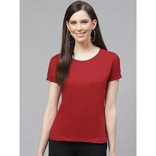 SHE PURE LUXURY WEAR Women Solid Round Neck Pure Cotton Red T-Shirt