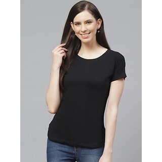 SHE PURE LUXURY WEAR Women Solid Round Neck Pure Cotton Black T-Shirt