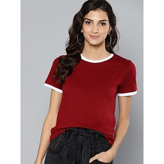 SHE PURE LUXURY WEAR Women Solid Round Neck Reversible Organic Cotton Red T-Shirt