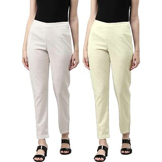 (Pack of 2) She Pure Luxury Wear Women Regular Fit White, Cream Pure Cotton Trousers