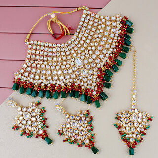 Lucky Jewellery Traditional 18k Gold Plated Multi Color Dulhan Choker Kundan Bridal Set (2092-L1SK-KD124-MG)