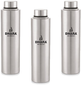 Dhara Stainless Steel Everfresh Fridge Water Bottle Silver Pack of 3 Pieces 1000 ml Each