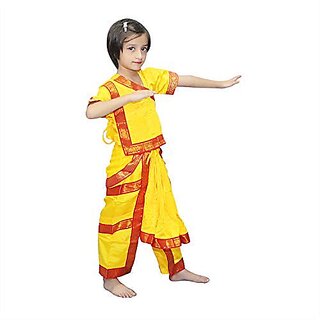 Kaku Fancy Dresses Ethnic Bharatnatyam Dance Costume -Yellow ,For Girls