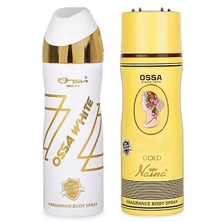 Ossa White And Gold Naina Body Spray For Men And Women  Ambery And Floral Long Lasting Aroma  200ml Each (Pack of 2)