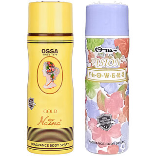 Ossa Gold Naina And Vision Flower Body Spray For Men And Women  Musk And Floral Long Lasting Aroma  200ml Each (Pack of 2)
