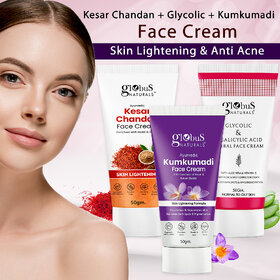 Globus Naturals Skin Brightening  Anti Acne Face Care Combo Kumkumadi Kesar Chandan Glycolic Face Cream 50 gm Combo Pack Set of 3
