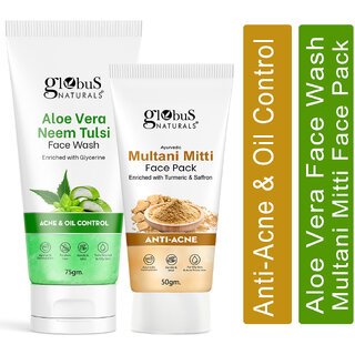 Globus Naturals Face Care Combo Set of 2- Aloe Vera Face Wash 75gm and Multani Mitti Face Pack 50 gm