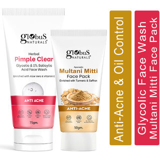 Globus Naturals Face Care Combo Set of 2- Glycolic & 1% Salicylic Acid Face Wash 75gm and Multani Mitti Face Pack 50 gm