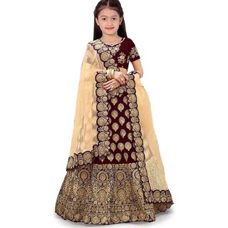 Heaven Blue Girls Lehenga Choli Ethnic Wear Self Design Lehnga Lehenga Choli and Dupatta Set Maroon Pack of 1