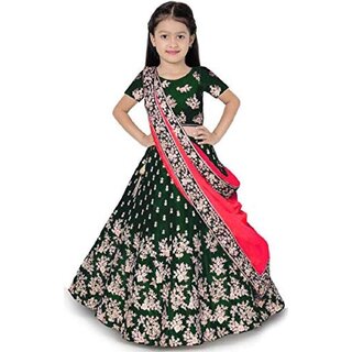 Heaven Blue Girls Lehenga Choli Ethnic Wear Embroidered Lehnga Lehenga, Choli and Dupatta Set Green (Pack of 1)