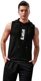 HIT SQUARE Men's Printed Round Neck Polyester Black Hooded Gym Vest