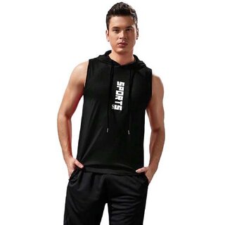 HIT SQUARE Men's Printed Round Neck Polyester Black Hooded Gym Vest