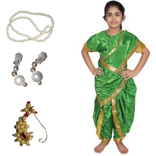 Kaku Fancy Dresses Marathi Girl Lavni Folk Dance Costume with Jewellery for Kids - Green