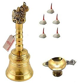 Spherulemuster Brass Handmade Metal Design Pooja Ghanti with Deepak and Diya Bati | Set of Pooja Ghanti with Deepak and Diya Bati