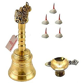 Spherulemuster Brass Handmade Metal Design Pooja Ghanti with Deepak and Diya Bati | Set of Pooja Ghanti with Deepak and Diya Bati