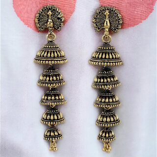 LUCKY JEWELLERY Traditional Ethnic Oxidised Gold Long Five Layered Jhumki Earring For Girls & Women (126-XJO-1841)