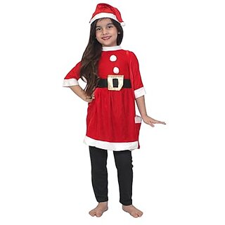 Kaku Fancy Dresses Santa Clause Fancy Dress Costume in Velvet Fabric For Girls with Cap, Belt and Bag - Red-White