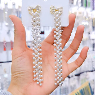 Lucky Jewellery Designer White Color Pearl Chain Fringe Dangle Earrings For Girls & Women (450-CHEM-1222)