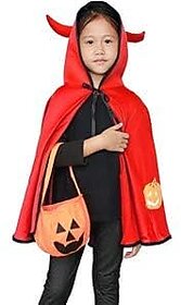 Kaku Fancy Dresses Red Robe Hooded Cape With Devil Horn And Pumpkin Basket For Halloween Costume For Kids
