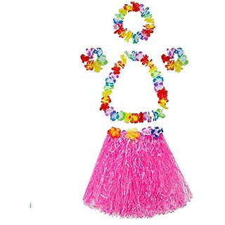 Kaku Fancy Dresses Hawaiian Girl Costume, Flower Hawaiian Costume For Summer Beach Party - Magenta For Girls Free Size