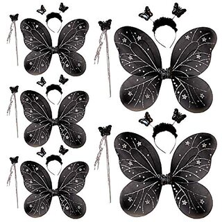 Kaku Fancy Dresses Girl's Polyester Butterfly Wings With Hairband And Wand Stick (Black) - Pack of 5