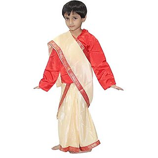 Kaku Fancy Dresses Indian Ethnic Cream Colour Saree Farmer Costume For Kids - For Girls
