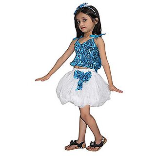 Kaku Fancy Dresses Blue-Silver Western Dance Dress Skirt Top Costume Set For Girls