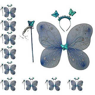 Kaku Fancy Dresses Firozi Blue Butterfly Wings With Hairband and Wand Stick For Girls - Pack of 10