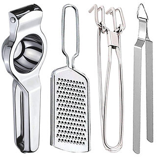 Oc9 Stainless Steel Lemon Squeezer & Cheese Grater & Pakkad & Chimta Kitchen Tool Set